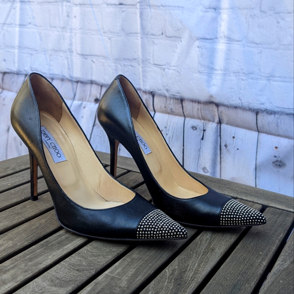 JIMMY CHOO AMIKA STUDDED BLACK LEATHER HEELS